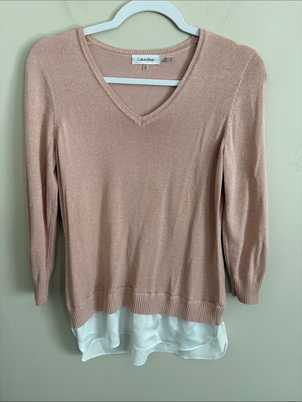 Calvin Klein Pink V-Neck Layered Hem Sweater light shimmer